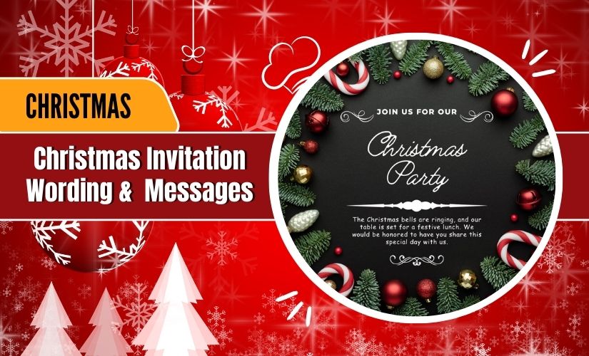 Christmas invitation template with baubles on snowy background