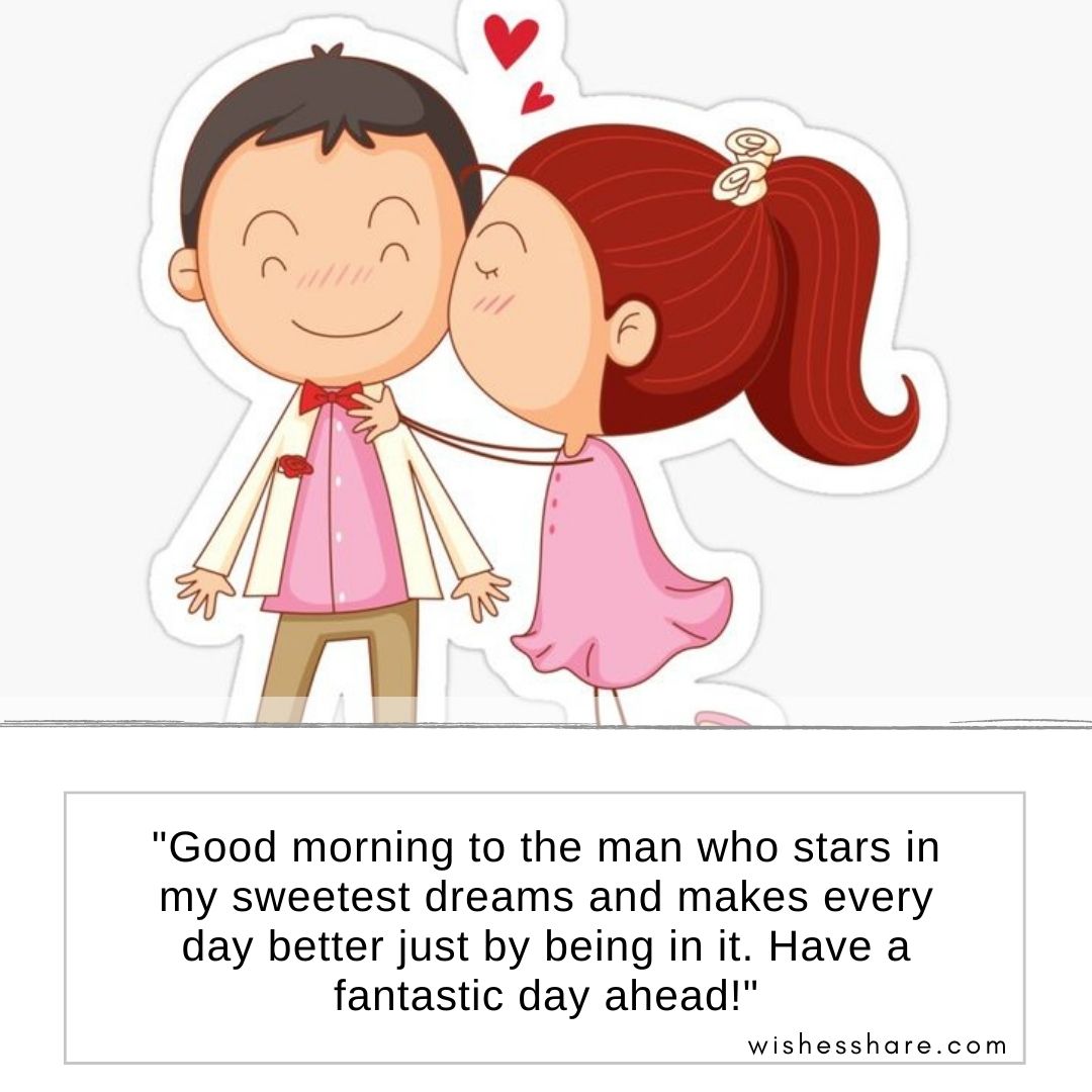 An animated image of a cartoon couple, a man in a suit and a woman in a pink dress, kissing on the forehead. A heart floats above them, alongside a "Good Morning Texts