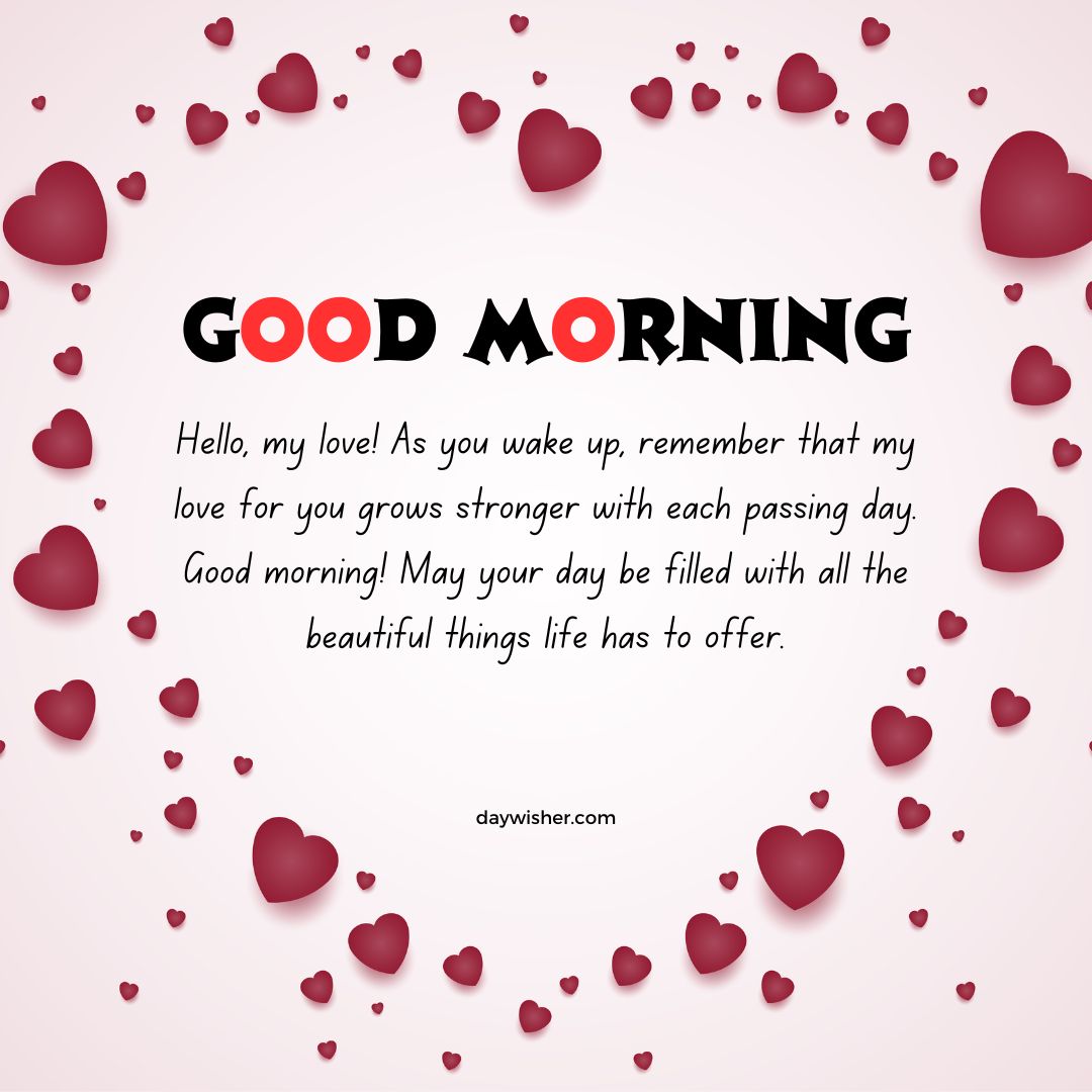 An image featuring "Good Morning Paragraphs for Him" with a loving note on a pink background scattered with various red and pink hearts, attributed to textwishes.com.