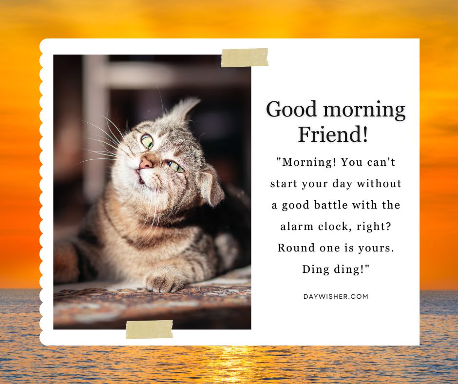 A tabby cat with striking green eyes looks up, framed by a photo border with a sunrise at the sea as the background and a text overlay saying "Good Morning Messages For Friends" with a quote