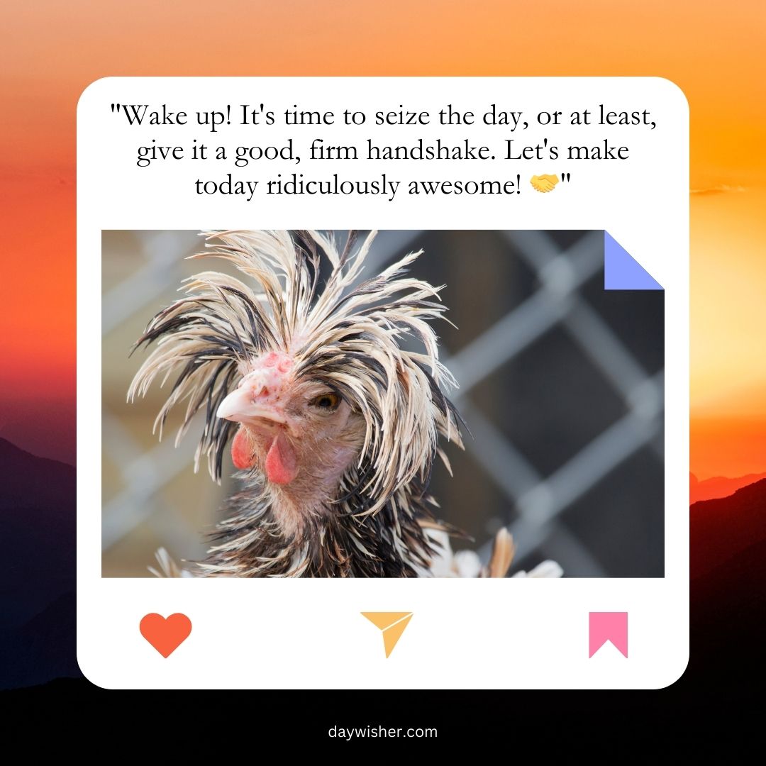 A funny good morning message superimposed on an image of a disheveled rooster behind a fence, encouraging a humorous and energetic start to the day.