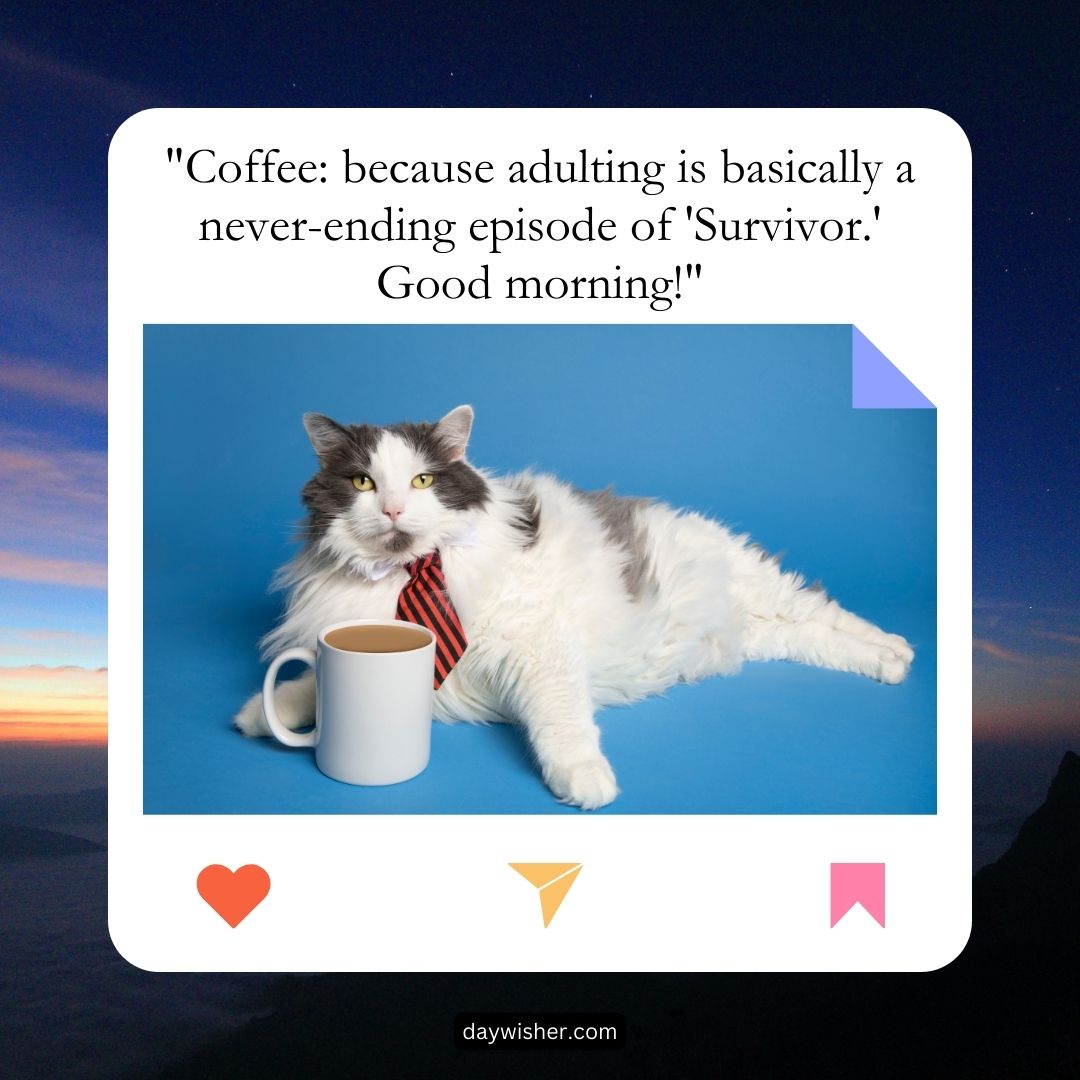 A white and gray cat wearing a red tie, lying next to a coffee mug on a blue surface, with a nighttime sky background and funny good morning messages about coffee and adulting.