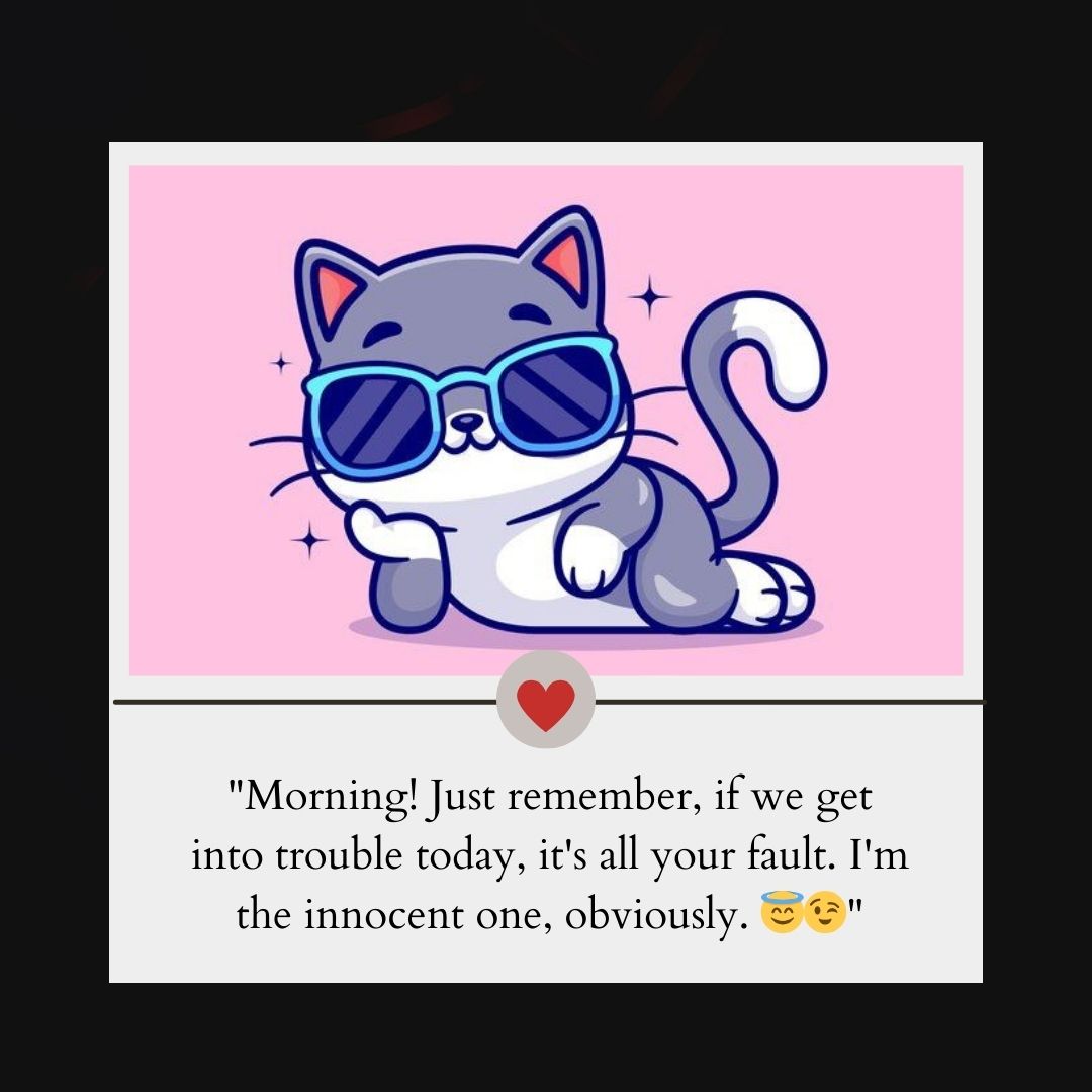 Illustration of a smug gray cat wearing sunglasses, positioned in front of a pink background. A speech bubble contains funny good morning messages attributed to the cat.
