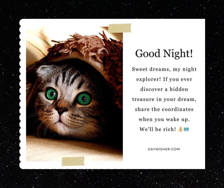 A cat with striking green eyes peeks out from under a textured brown blanket, positioned on a black background. Next to it is text saying "Good Night Messages For Girlfriend" with a whimsical message