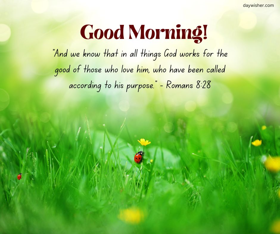 A vibrant image of a grassy meadow with a ladybug and small yellow flower, bathed in sunlight, featuring the text "Good Morning Bible Verses" and a bible verse from Romans 