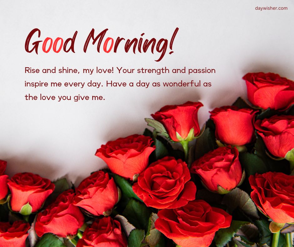 Image shows a collection of vibrant red roses with a text overlay saying "Good morning! Rise and shine, my love! Your strength and passion inspire me every day. Have a day as wonderful as the