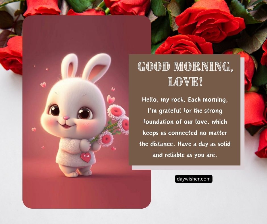 Illustration of a cute cartoon rabbit with flowers and a red background, holding a heart-shaped object, accompanied by a love note that reads "good morning messages for her long distance" with roses around.