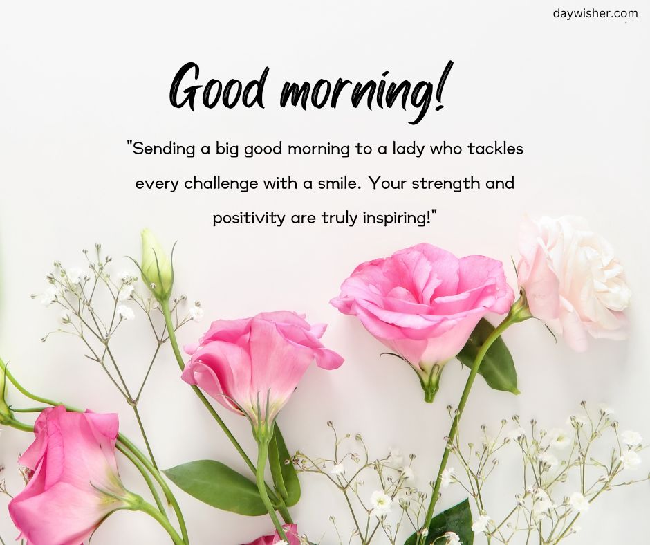 A motivational greeting image says "Good Morning!" surrounded by delicate pink and white flowers on a light background, with an inspiring message about strength and positivity, perfect for sending to friends.