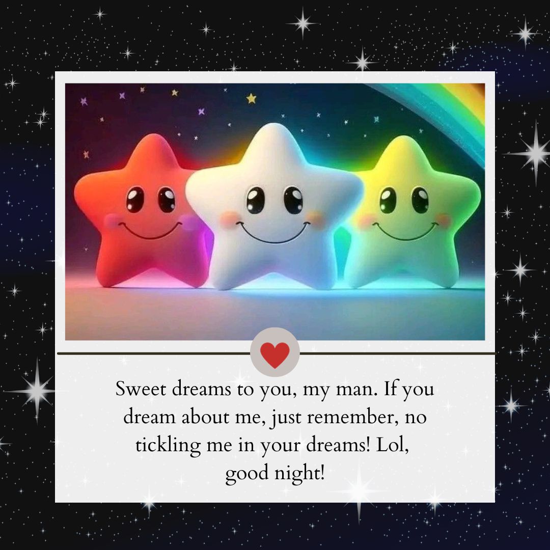 Three smiling star-shaped pillows in red, white, and green, glowing under colorful lights against a starry night background. Below them, a caption humorously wishes your boyfriend sweet dreams.