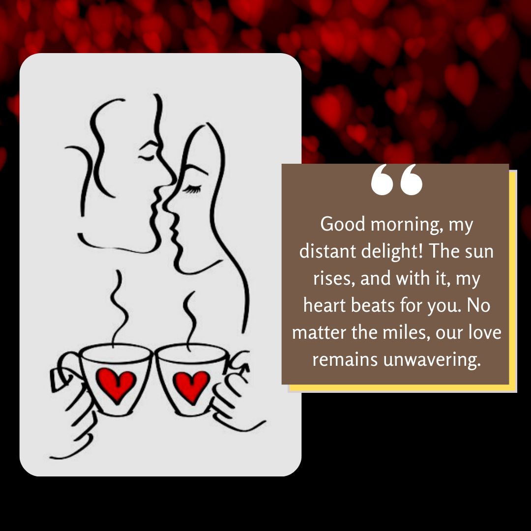 Illustration of two stylized figures, a man and a woman, facing each other with their noses touching, each holding a coffee mug with a heart design, against a backdrop of red hearts. Good