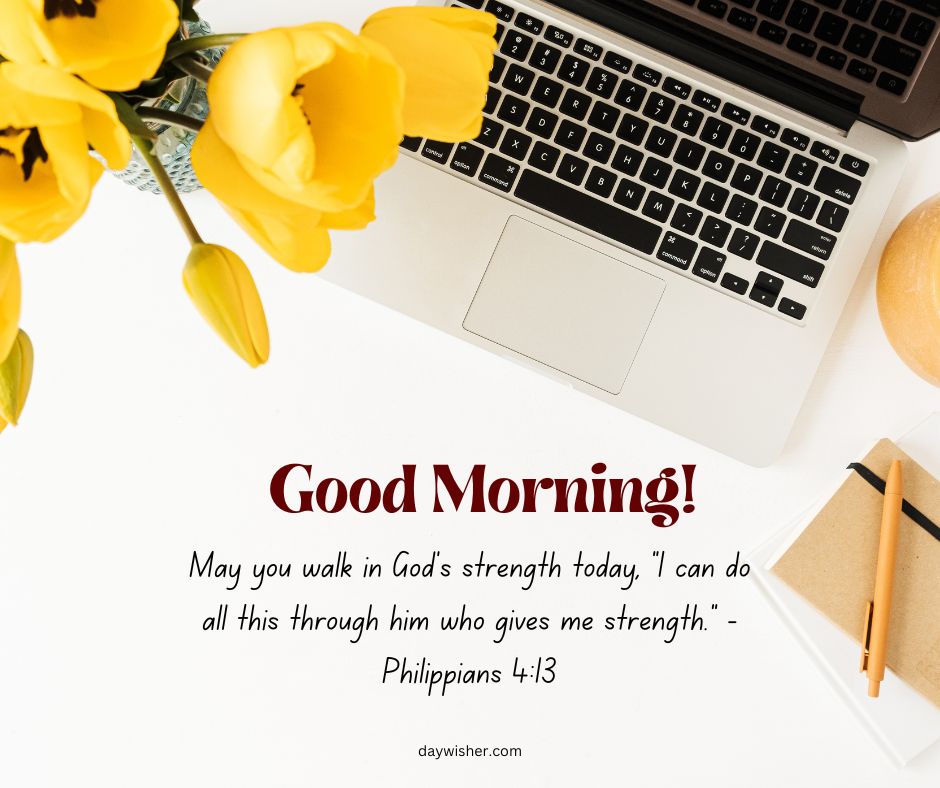 A workplace desk with a laptop displaying a "Good Morning!" greeting, a Bible verse from Philippians 4:13, a notepad, pen, and a clean, white background.