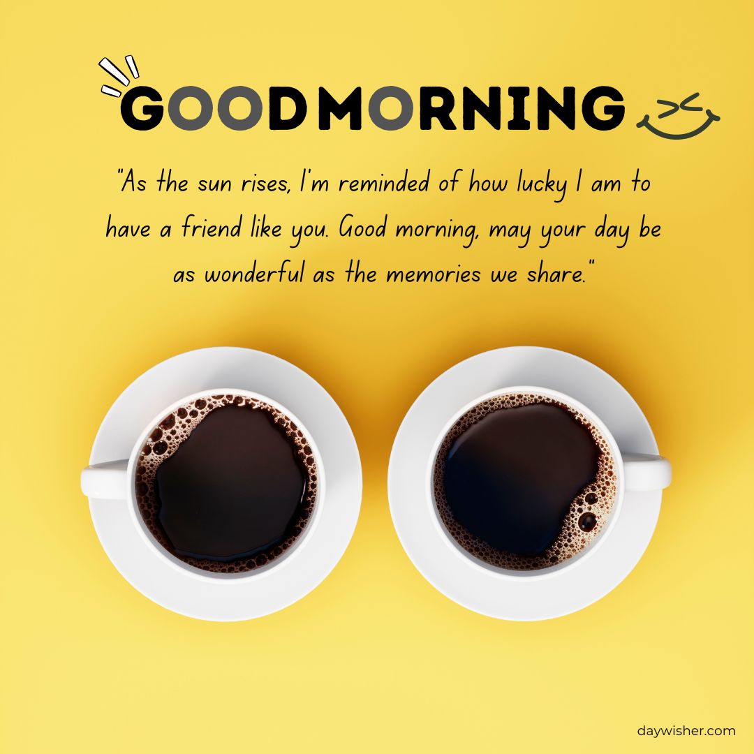 Two cups of coffee on a yellow background with a text "Good Morning Messages For Friends" and a quote about friendship and sharing wonderful memories.