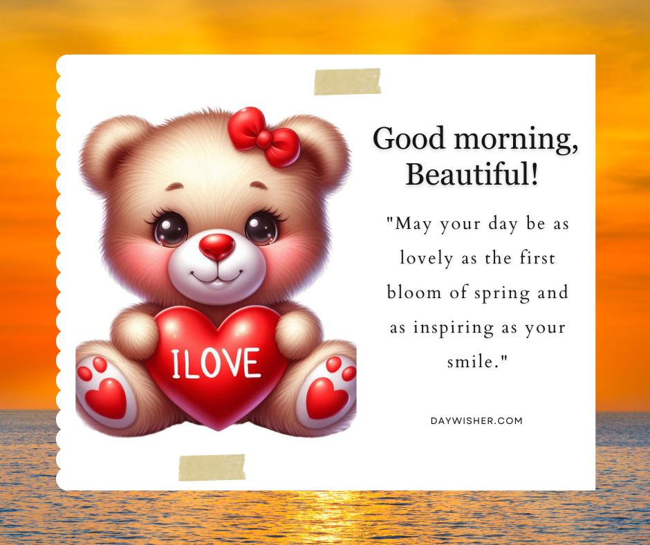 An illustrated card featuring a cute bear with a heart saying "i love" against an ocean sunset background. Text reads "Inspirational Good Morning, beautiful! May your day be as lovely as the