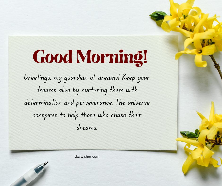 A greeting card with "Spiritual Good Morning Messages" printed on it, accompanied by an inspirational message, a pen, and yellow flowers on a white background.