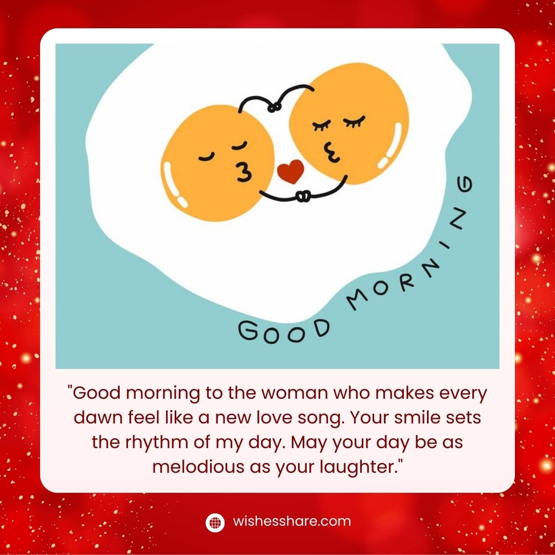Image shows a "Good Morning Messages for Wife" greeting card with two cartoon hearts kissing, surrounded by a red background with white dots. The text praises a woman's smile, likening it to a