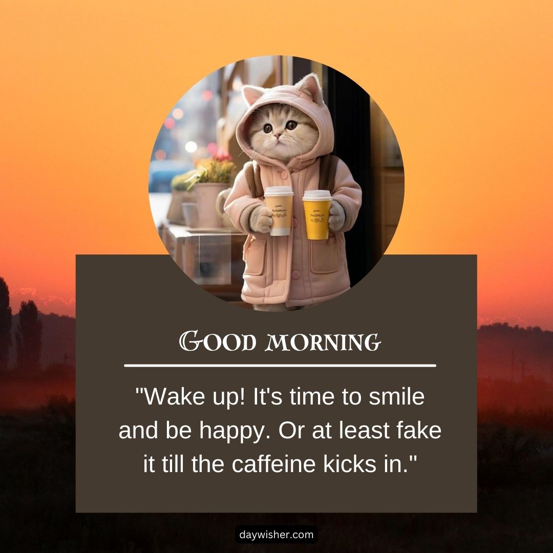 An image featuring a cat in a hoodie holding a coffee cup with a sunrise background. Text reads "Funny Good Morning" and a quote about smiling and caffeine.