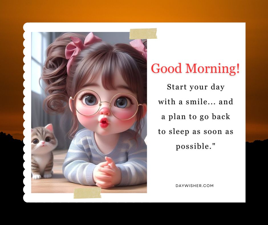 A digital illustration of a cute girl with glasses and a pink bow, lying on her stomach next to a kitten, featuring funny good morning images and humorous advice.