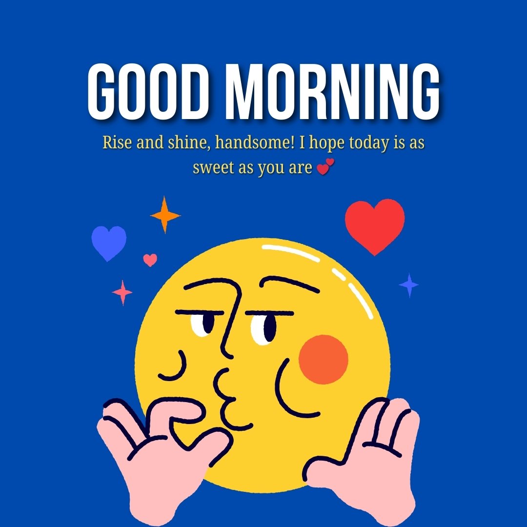 Good Morning Messages for Boyfriend with a sweet message to make him smile, featuring a cute illustrated sun character blowing kisses and surrounded by hearts.