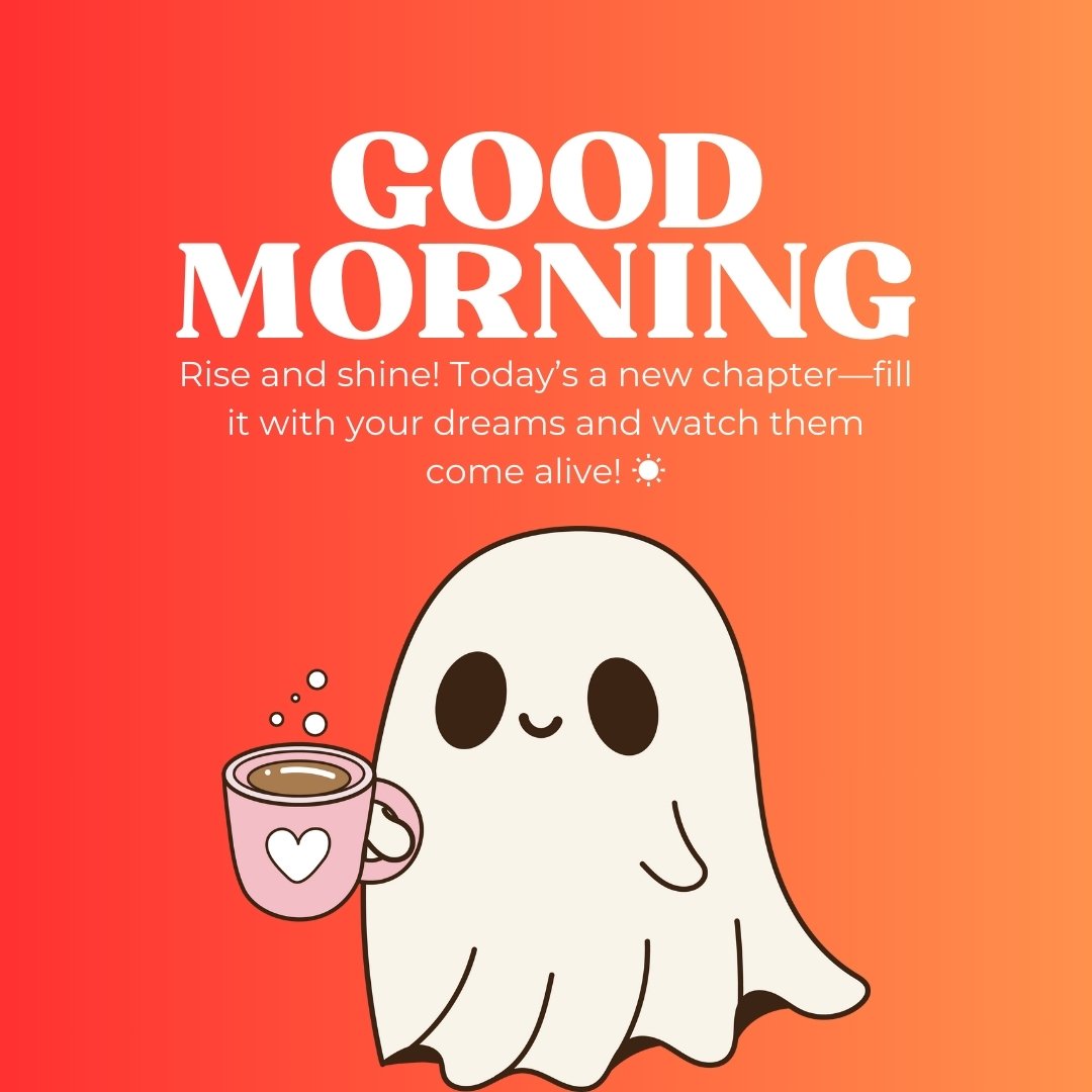 Illustration of a cheerful ghost holding a coffee cup with a heart, accompanied by the text 'Good Morning' and an inspirational message to start the day positively. Perfect for sharing as an Inspirational Good Morning Message.