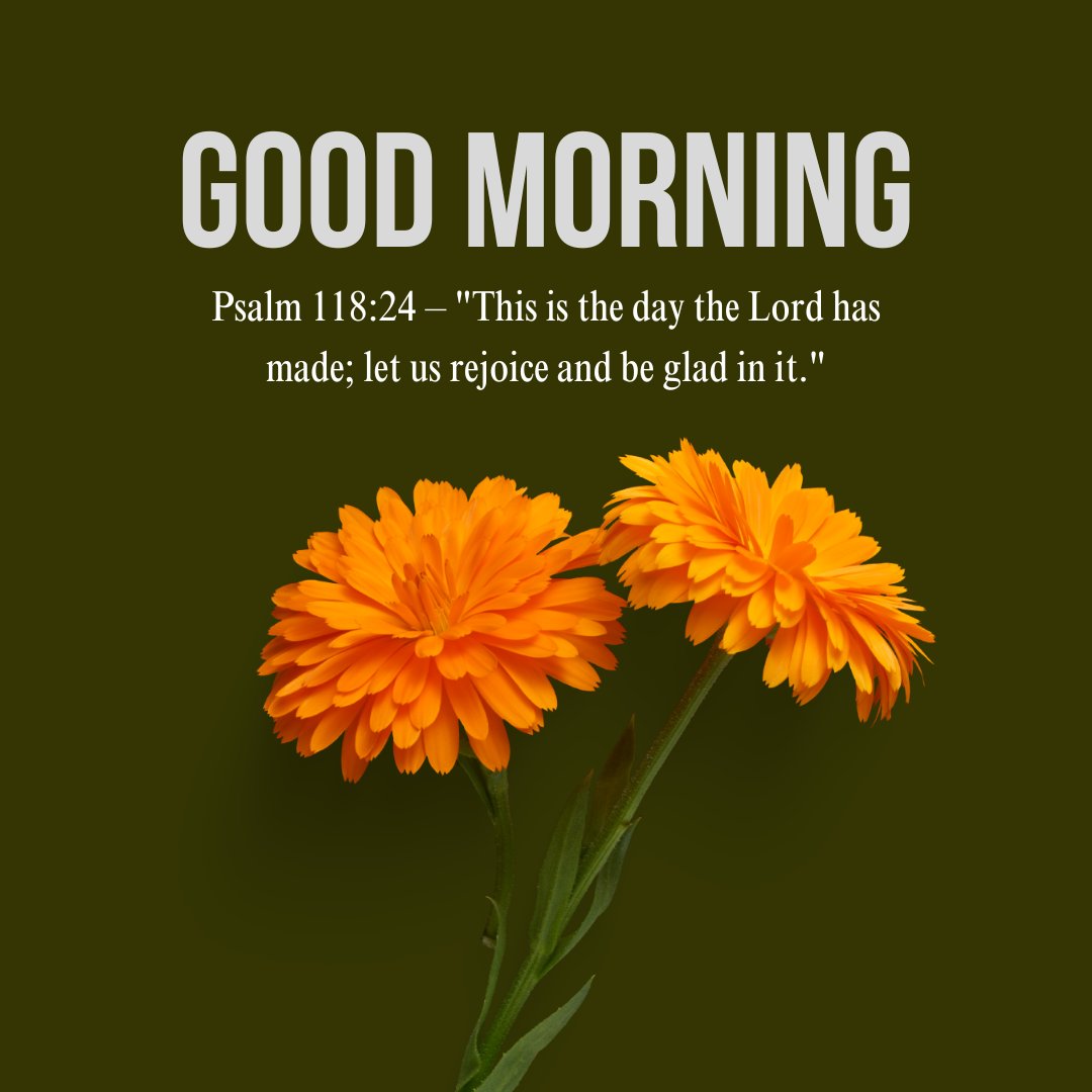 Good morning Bible verses with Psalm 118:24 on a background featuring bright orange flowers.