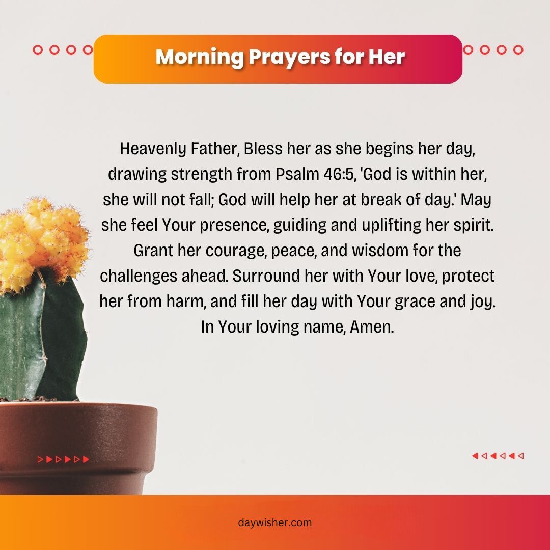 An inspirational graphic titled "short morning prayers for her" featuring a prayer text on an orange background. A potted plant is in the lower left, and the website 'textwishes.com' is