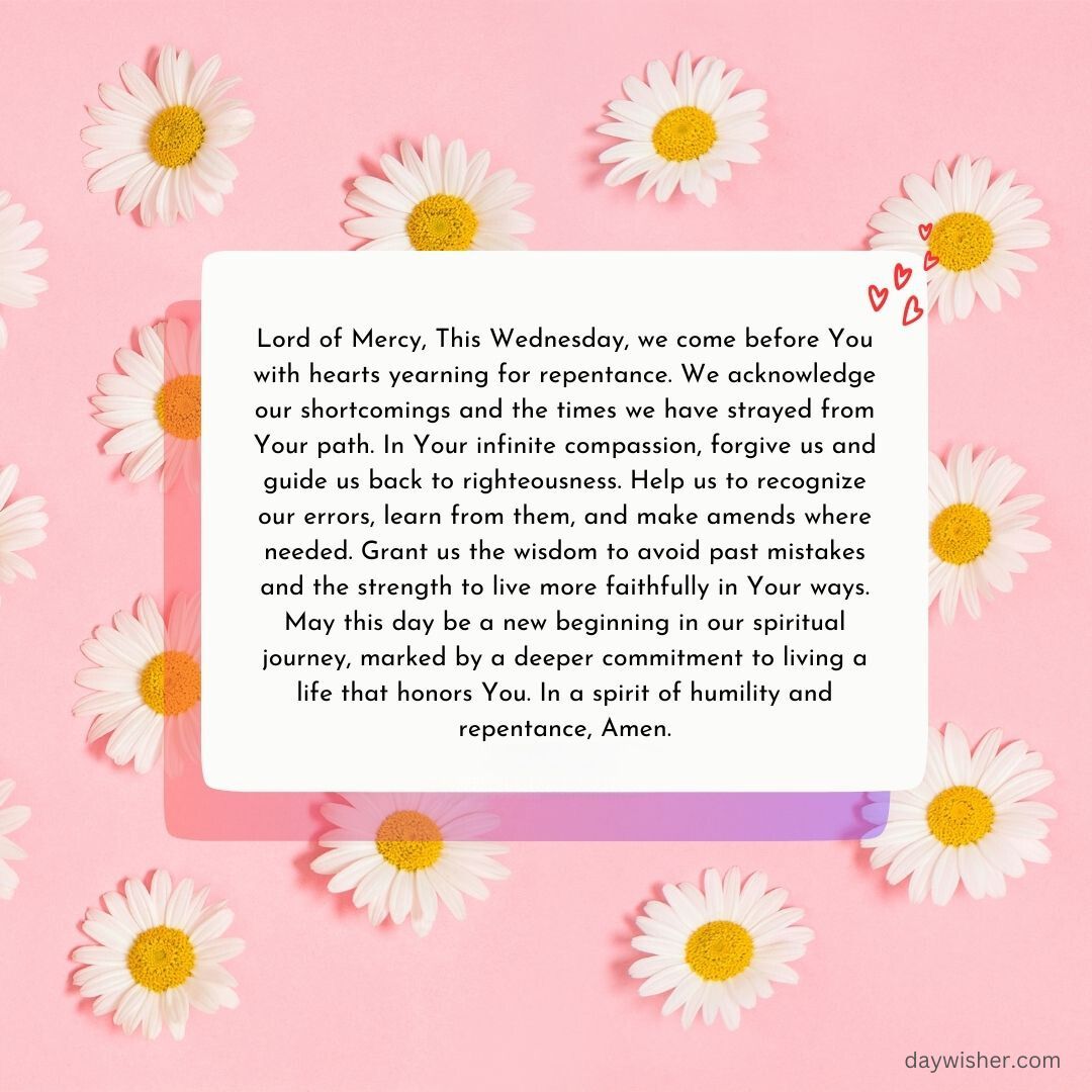 A Wednesday morning motivational graphic featuring a prayer for wisdom and guidance, surrounded by white daisies on a pink background, with the website textwishes.com noted at the bottom.