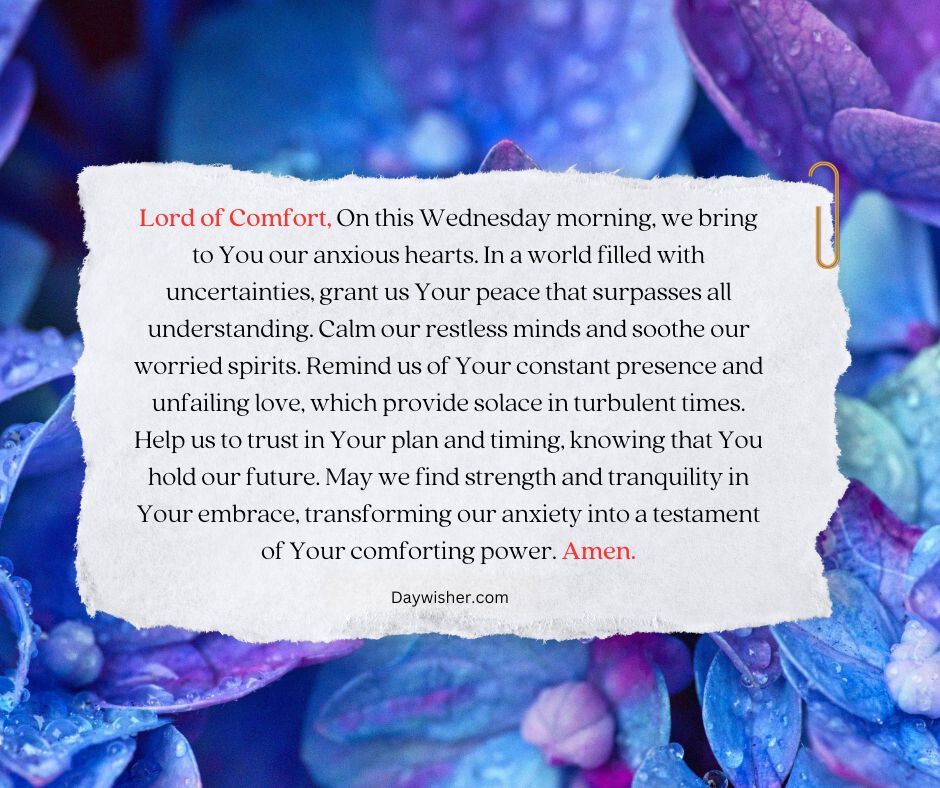 A morning prayer titled "lord of comfort" on a torn paper over a background of vivid blue and purple hydrangea flowers, symbolizing peace and tranquility.