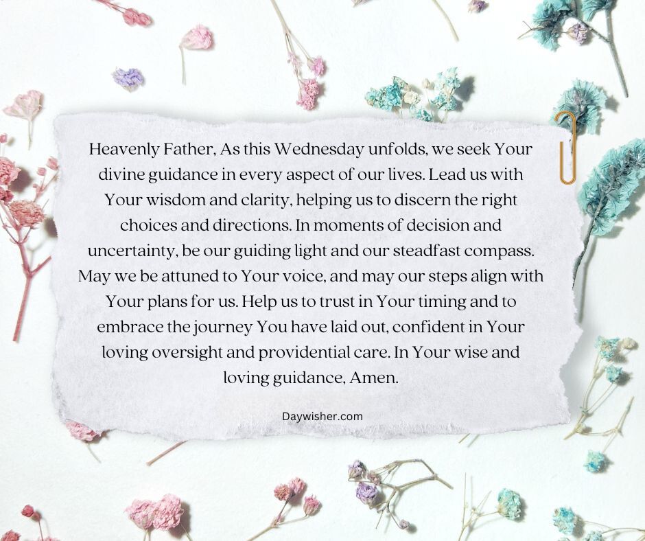 The image features a background of delicate wildflowers scattered around the edges, framing a central text of a Wednesday morning prayer for guidance and trust in divine direction.