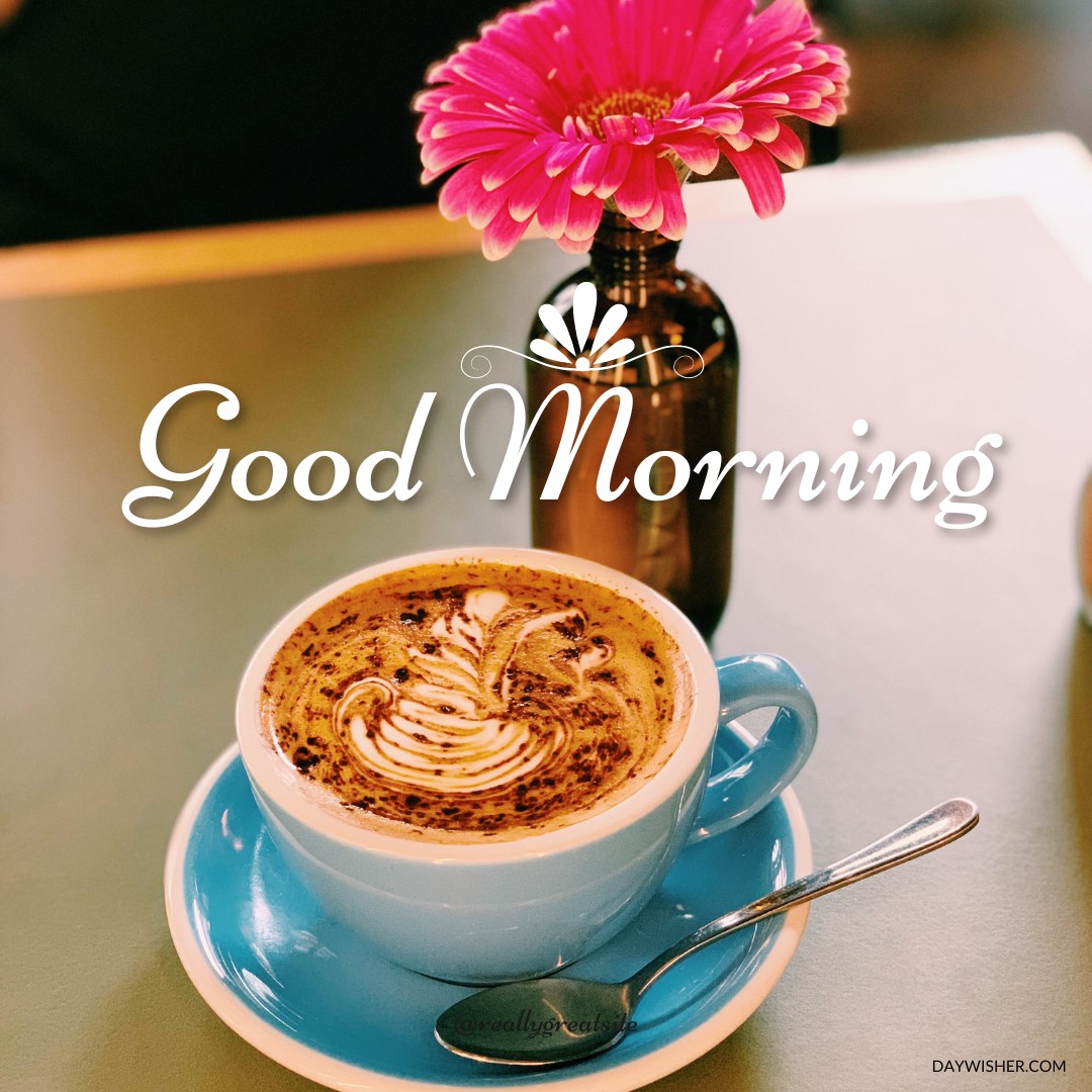 A beautifully crafted latte with artful swirls in a blue cup, paired with a vibrant pink flower in the background, under a "Good Morning" greeting. A picturesque scene for coffee lovers to start the day.