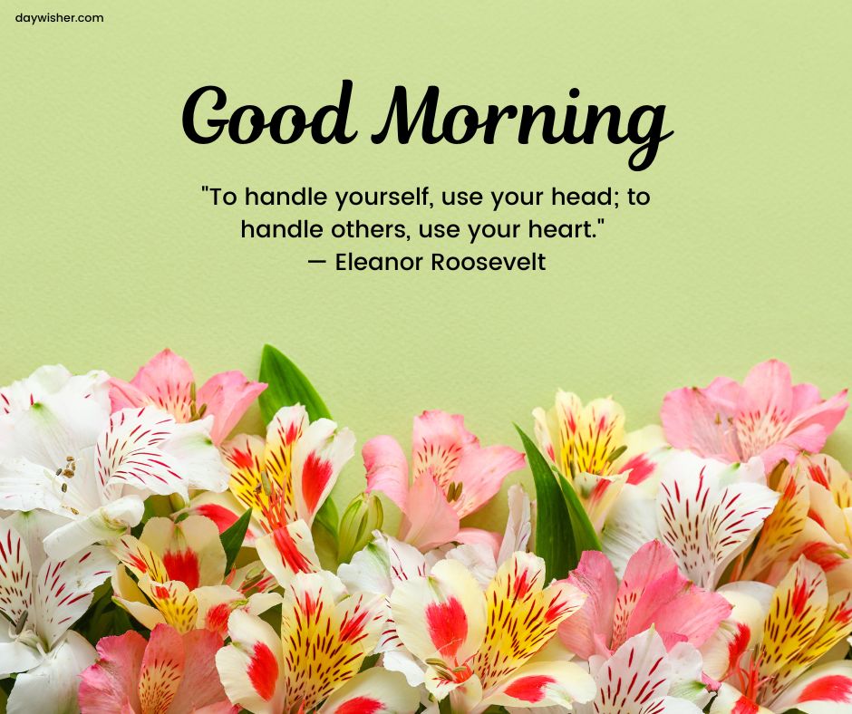 Image featuring a "good morning" greeting with positive words, a quote by Eleanor Roosevelt: "To handle yourself, use your head; to handle others, use your heart." The background is adorned with