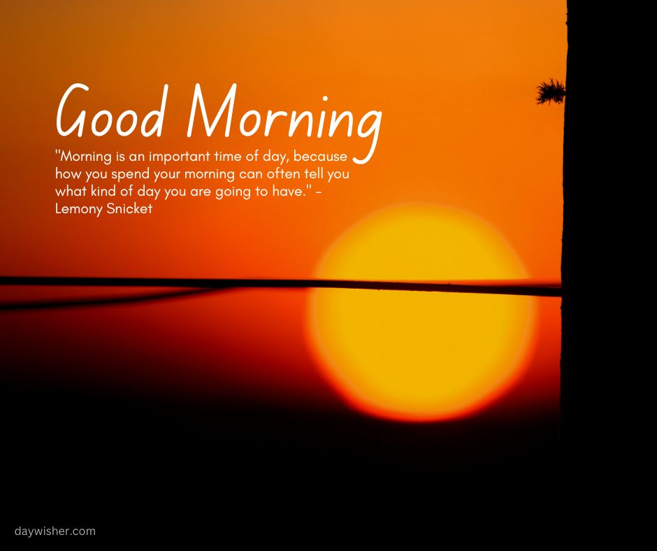 A vibrant sunrise with a big, glowing sun near the horizon and a silhouette of a palm tree to the left. In the foreground, a quote by Lemony Snicket about the importance of morning is