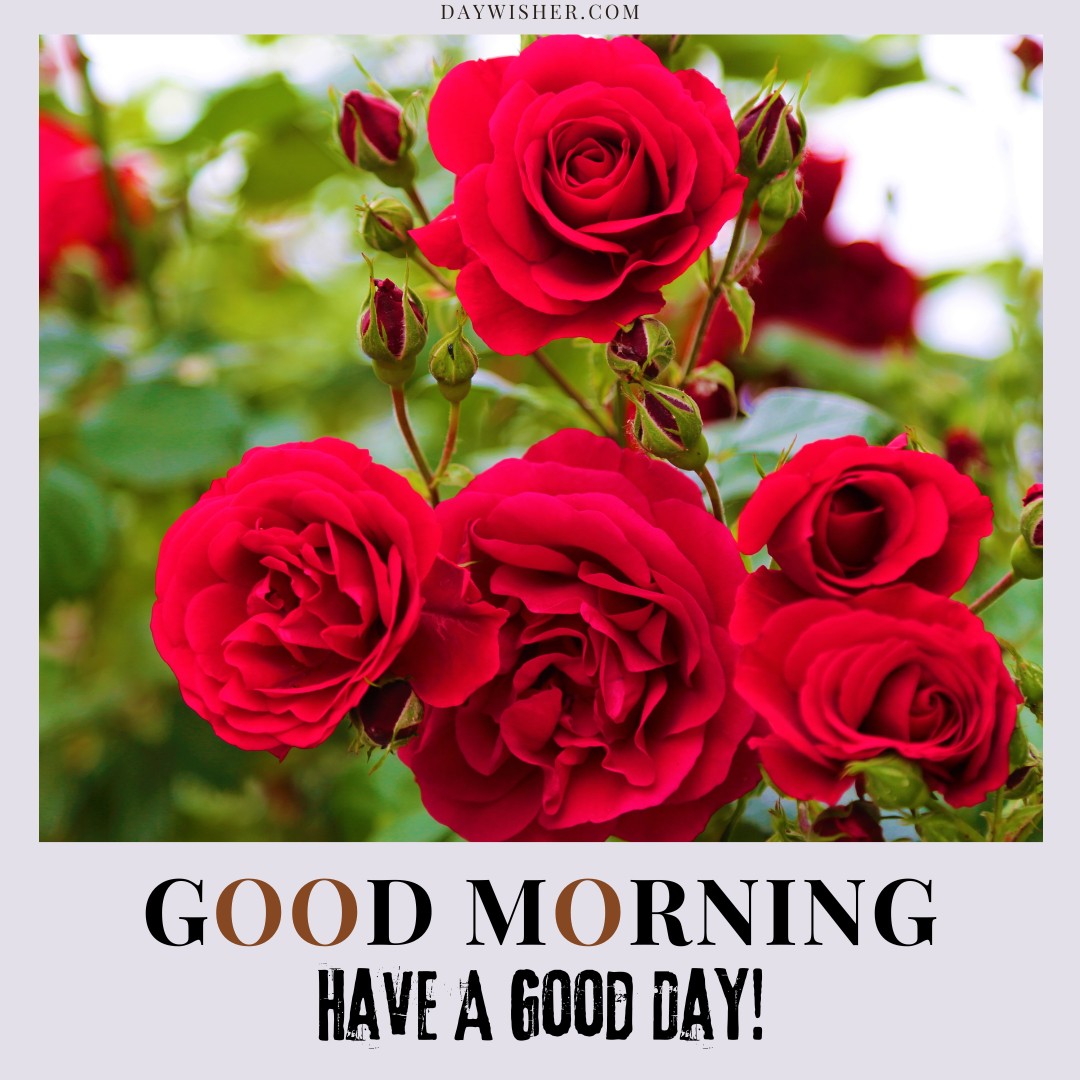 A vibrant display of multiple red roses in full bloom, nestled amidst lush green leaves. The cheerful greeting "GOOD MORNING HAVE A GOOD DAY!" is tastefully included in the image, adding a warm and inviting touch. This picture is ideal for sharing under "Good Morning Red Rose Images," perfect for spreading positivity and beauty at the start of the day.