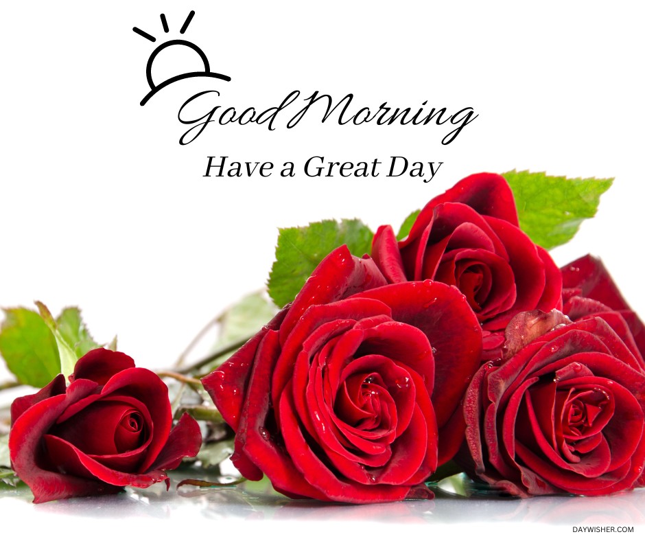 An elegant display of dew-kissed red roses under a cheerful "Good Morning - Have a Great Day" greeting, set against a crisp white background. This image embodies a fresh and optimistic start to the day, ideal for a morning wish featuring red roses.