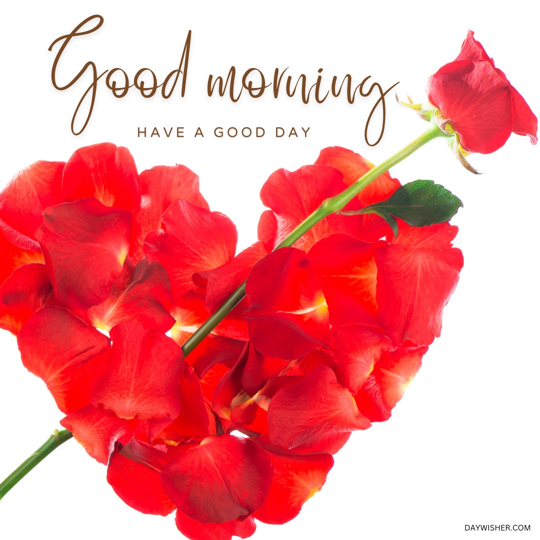 A vibrant and cheerful image of a cluster of bright red flowers, their petals lush and full, with the elegant gold text "Good morning, have a good day" floating above. This image exudes positivity and is perfect for starting the day with an uplifting and joyful greeting.