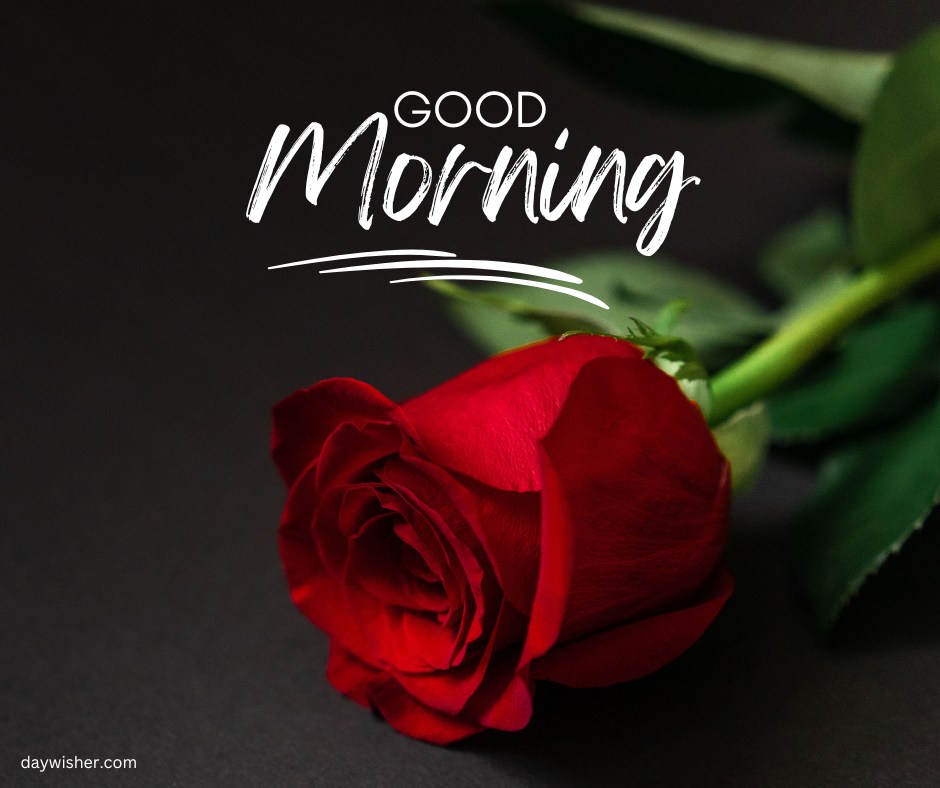 A single red rose with lush green leaves, elegantly presented against a dark background with a stylish "Good Morning" script above. This sophisticated image captures the timeless beauty of a red rose, perfect for a refined and inspiring morning message.