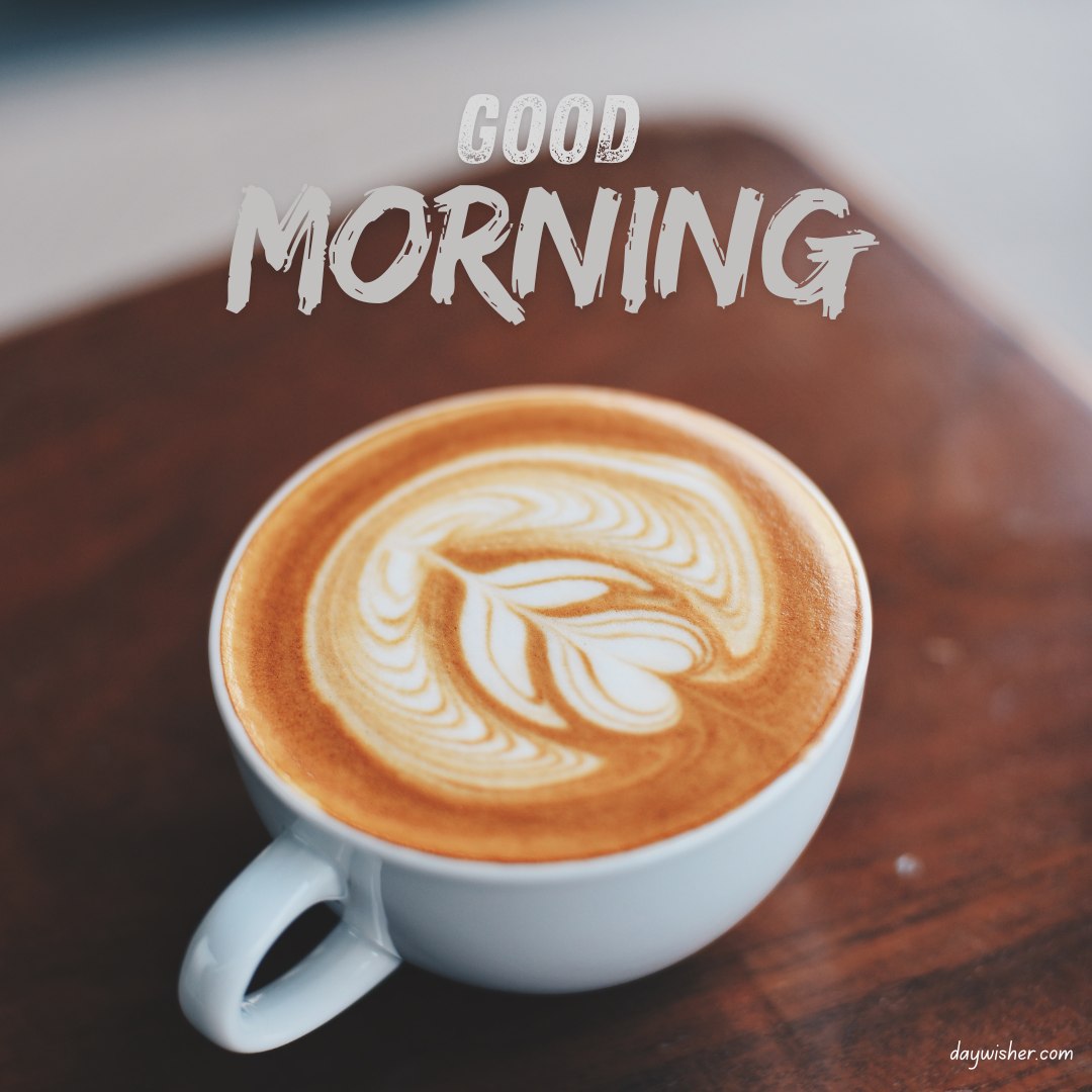 Close-up of a freshly brewed cup of coffee with artistic latte art, perfect for a good morning greeting