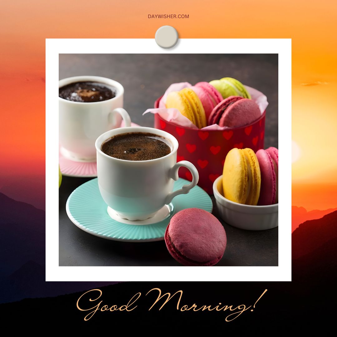 A delightful good morning setting featuring two cups of rich, dark coffee and a colorful assortment of macarons in a heart-decorated box, ideal for good morning coffee images that add a touch of sweetness to your day.