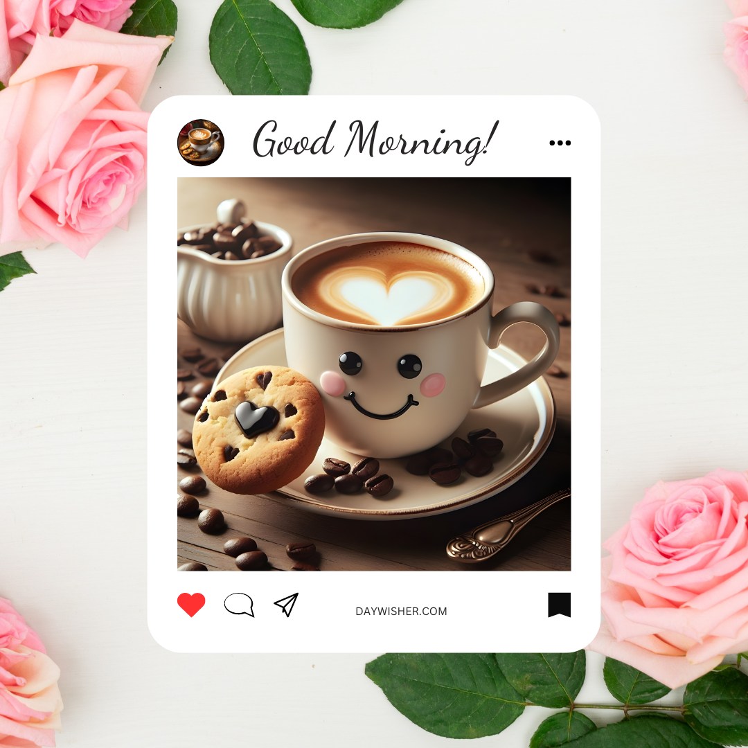 Bright and cheerful good morning coffee scene with a smiling coffee cup displaying heart-shaped foam art, accompanied by a chocolate chip cookie and fresh pink roses, ideal for good morning coffee images.