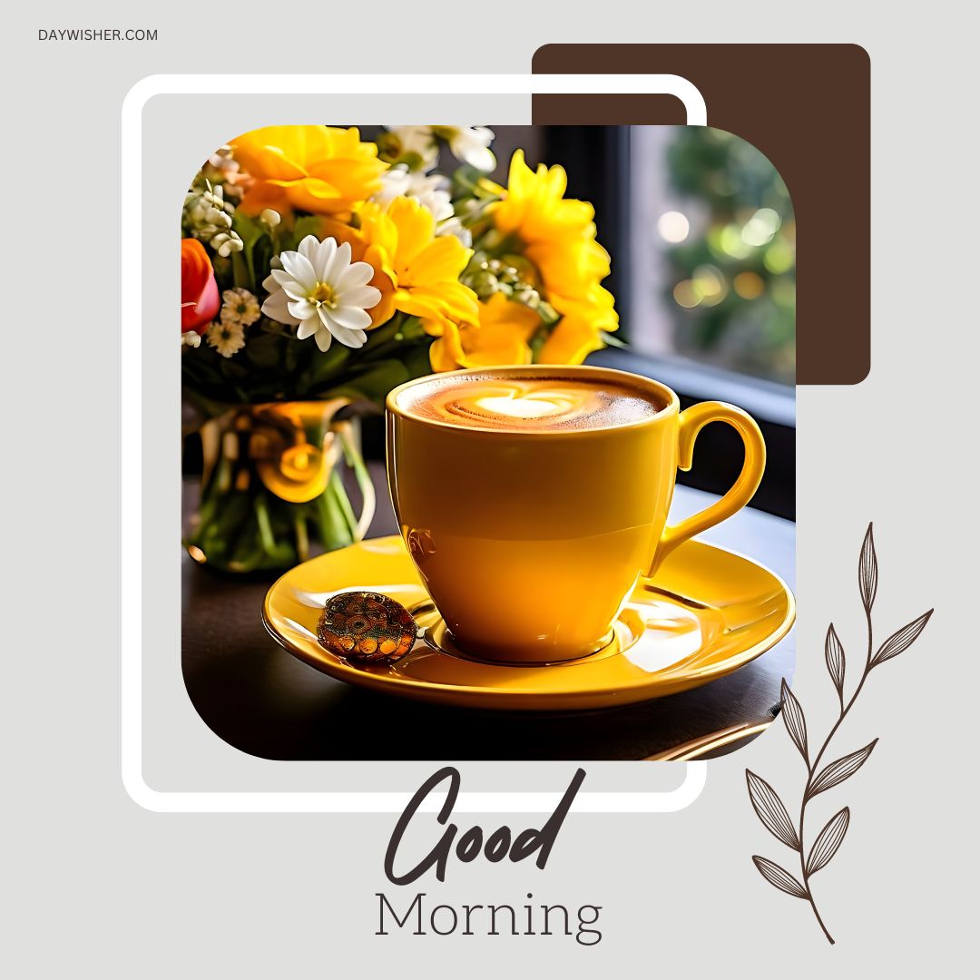 Vibrant good morning coffee image featuring a yellow cup with artistic latte art on a matching saucer, complemented by a lively bouquet of fresh yellow and white flowers in the background, enhancing a cheerful and sunny morning mood.