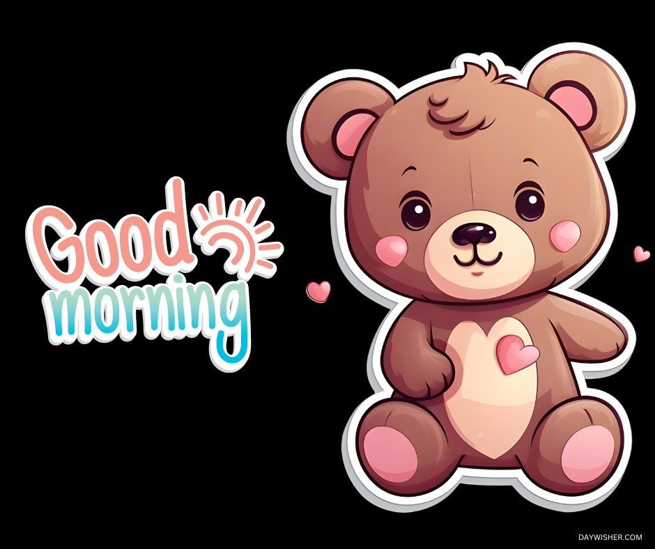 A cute teddy bear with a happy expression, featuring the text "Good morning" in colorful, playful font beside it. The teddy bear has pink cheeks and a heart on its chest, surrounded by small heart icons. The background is black, making the bear and the text stand out vibrantly, creating an adorable and cheerful morning greeting.