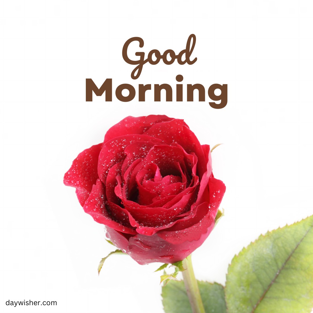 A stunning close-up of a dew-kissed red rose set against a pure white background, accompanied by an elegant "Good Morning" inscription in chocolate brown font. The pristine water droplets on the vibrant red petals enhance the freshness of the morning, making this image a perfect, visually rich greeting to start the day.