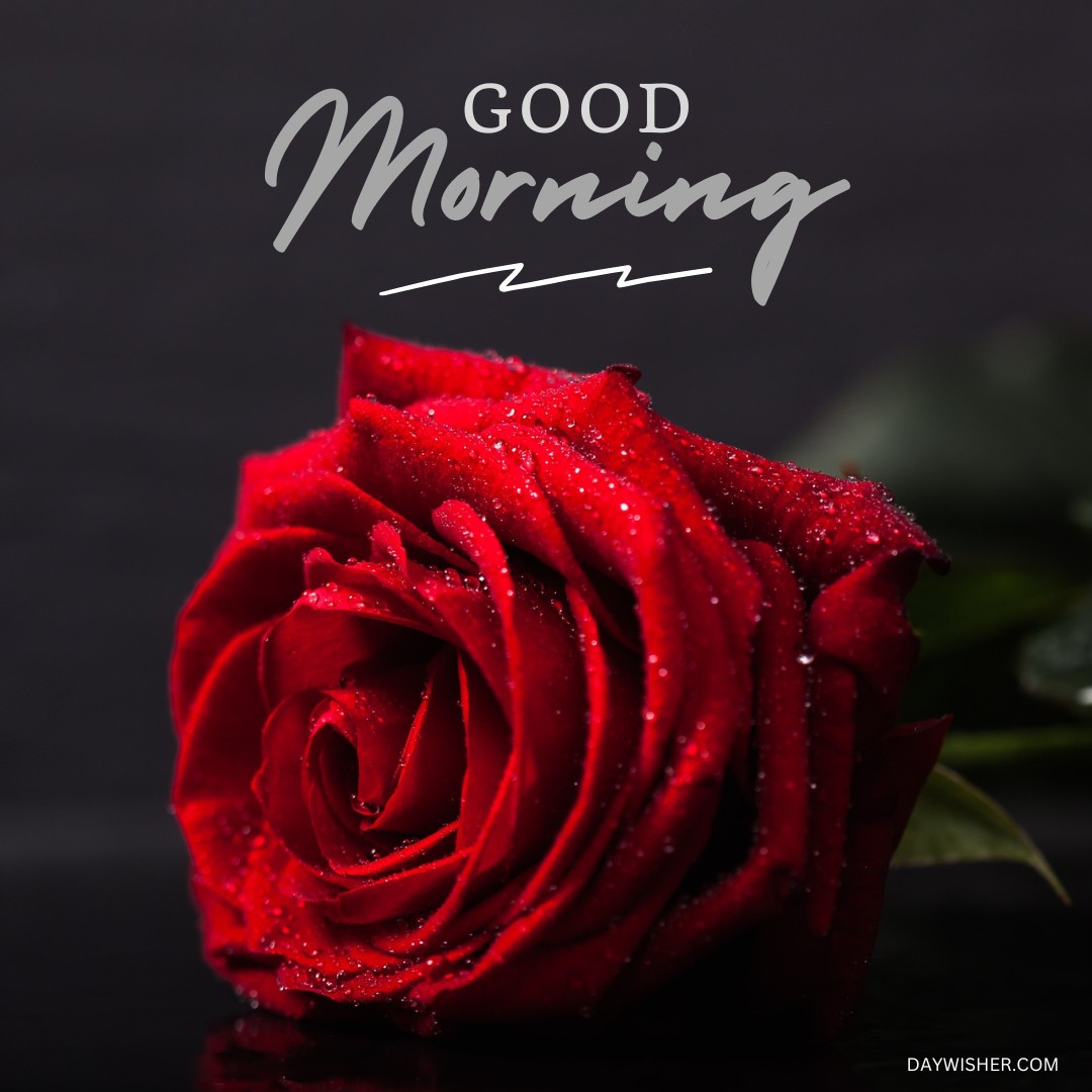 A close-up image of a red rose, each petal delicately highlighted with morning dew, under a sleek "Good Morning" script set against a dark backdrop. This image captures the fresh essence of morning dew and the timeless beauty of a red rose, perfect for a serene and inspiring morning greeting.