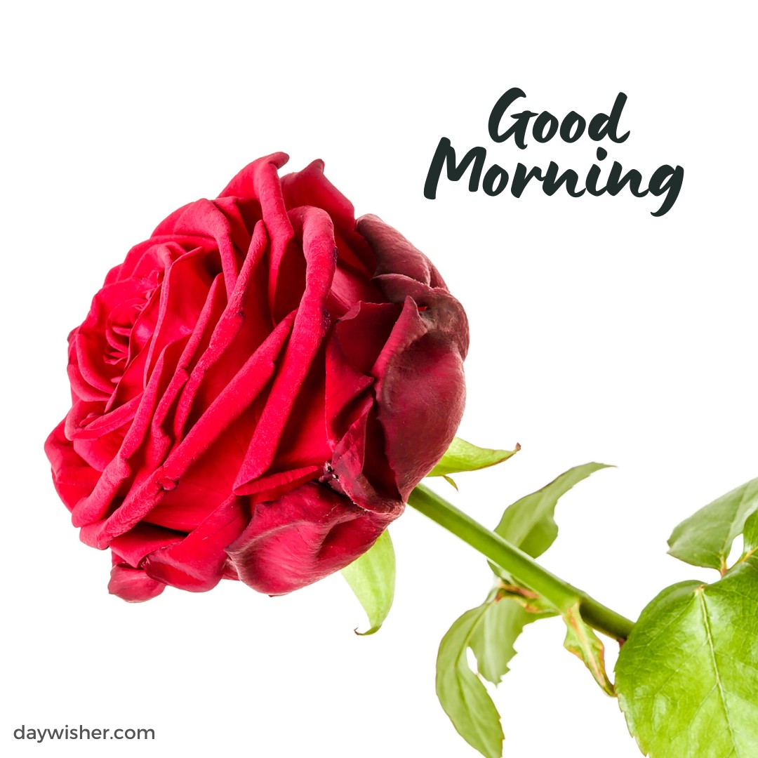An eye-catching good morning image featuring a close-up of a lush red rose with intricate petals and fresh green leaves against a pure white background. The text "Good Morning" is stylishly presented above the rose, perfect for a heartfelt morning greeting or to brighten someone's day with the beauty of nature.