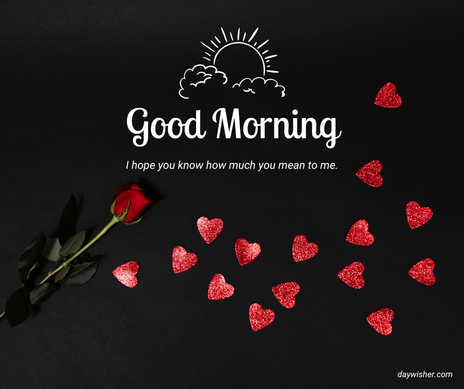 A striking image of a solitary red rose lying against a deep black background, surrounded by sparkling red hearts, with a charming "Good Morning" message accompanied by a sun and cloud illustration. This heartwarming setup conveys deep affection and personal significance, making it an ideal visual message to express how much someone means to you in the morning.