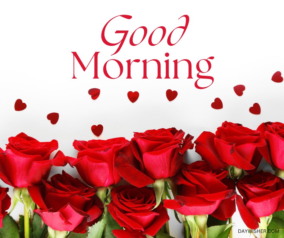 A vibrant bouquet of red roses at the bottom of the image, set against a crisp white background sprinkled with floating red heart shapes. The elegant, bold red text "Good Morning" arches over the roses, enhancing the heartfelt and joyful mood. Ideal for "Good Morning Red Rose Images," this picture beautifully conveys love and affection in a morning greeting.