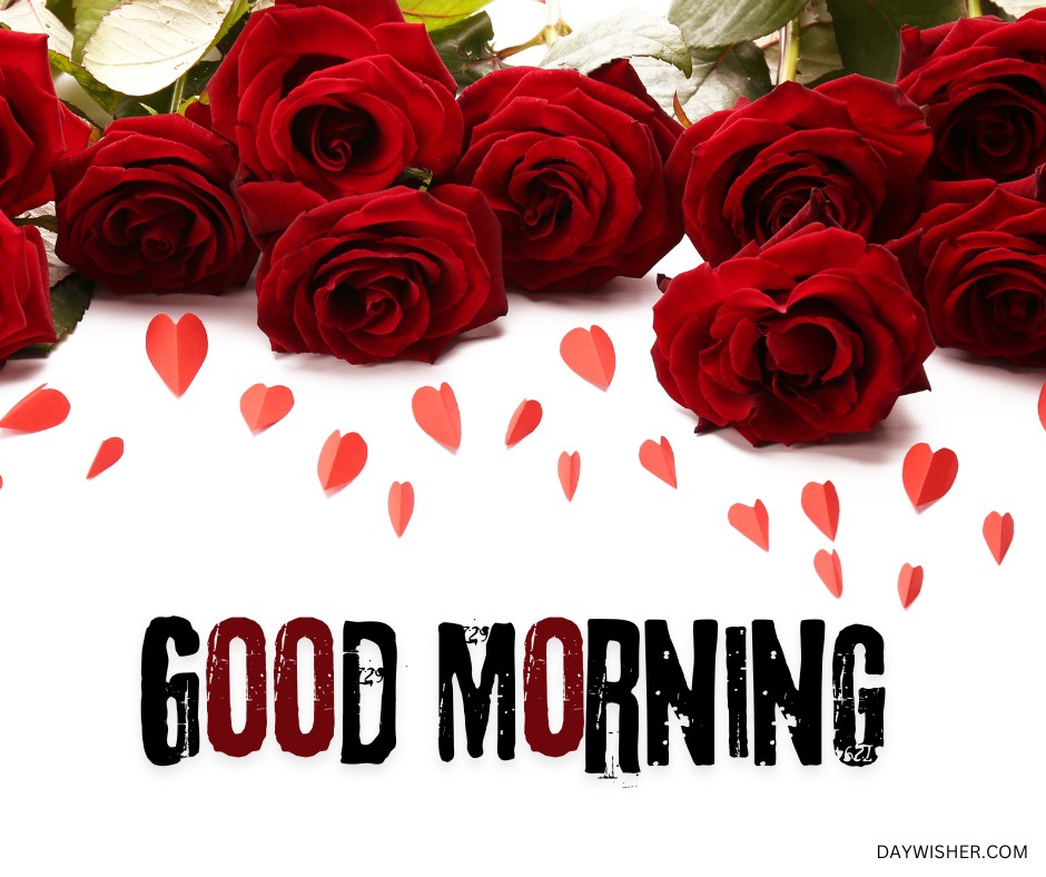 Lush red roses with velvety petals are artfully arranged at the top, with delicate heart-shaped petals scattered below, creating a romantic scene. The bold, distressed text "GOOD MORNING" adds a dramatic touch to the image. This image is perfect for sharing under "Good Morning Red Rose Images," combining the themes of love and morning greetings beautifully.