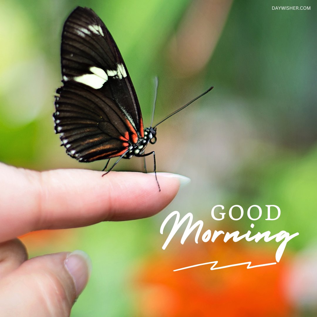 A close-up of a delicate black and orange butterfly perched on a person's fingertip, with a softly blurred green and orange background. The text "Good Morning" adds a touch of positivity. Ideal for good morning nature images, HD quality, and beautiful nature scenes to inspire a peaceful and joyful start to the day.