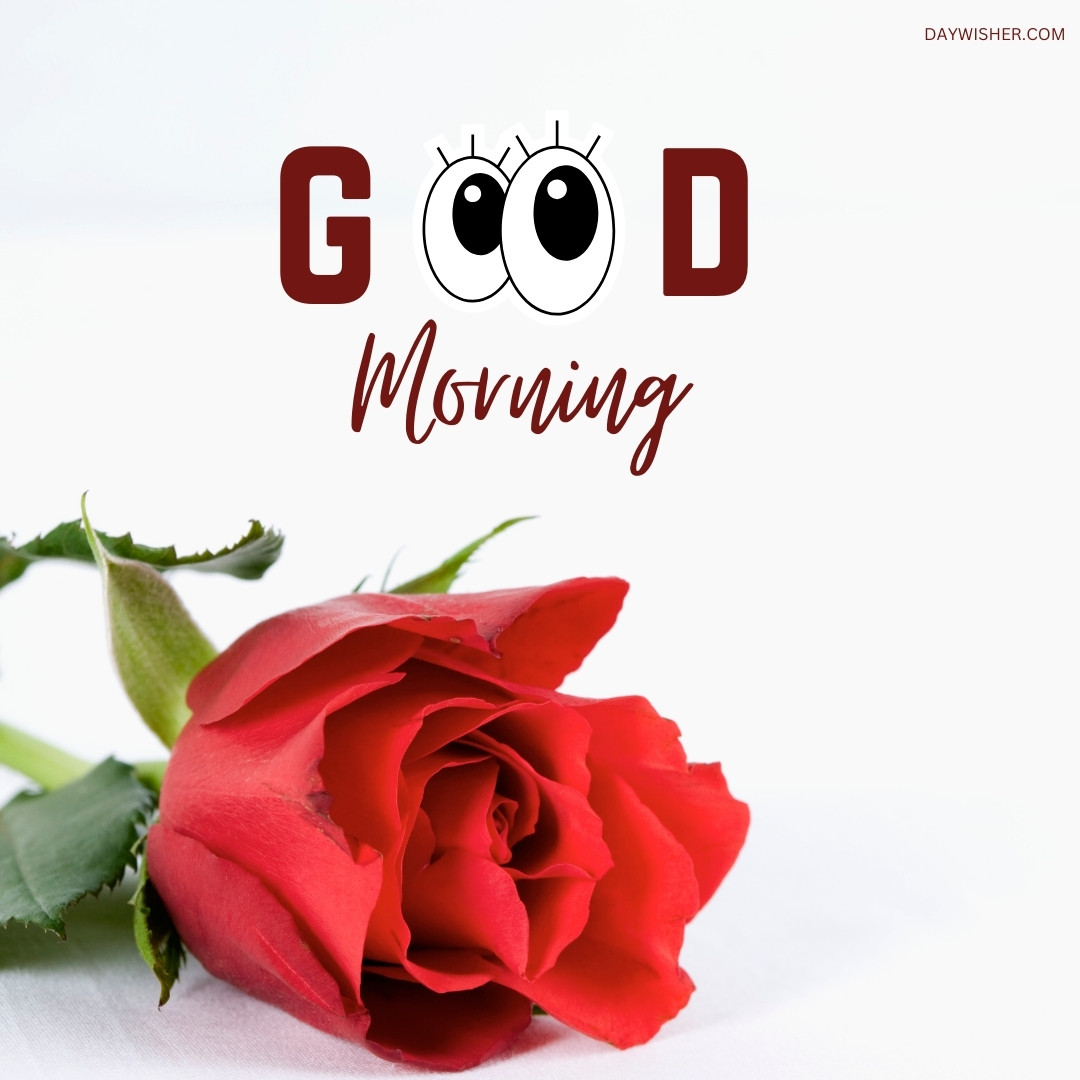 A playful and charming image of a single red rose lying on a white surface, accented with a whimsical "GOOD Morning" text featuring eyes above the 'OO'. This creative depiction adds a touch of fun and personality to the morning greeting, perfect for starting the day with a smile and the timeless beauty of a red rose.