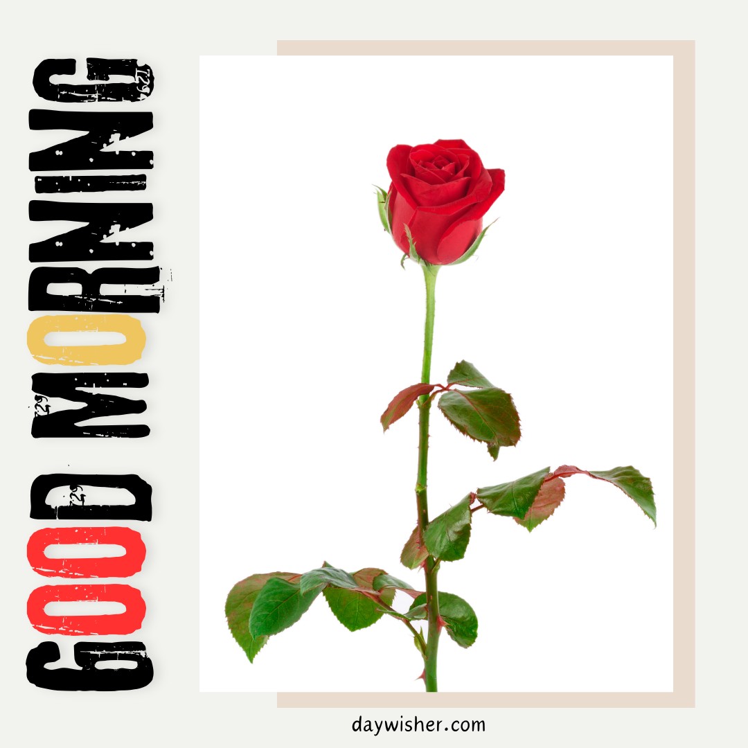 A single vibrant red rose with lush green leaves, positioned elegantly against a cream backdrop. The image is highlighted with stylized text in distressed black, yellow, and red colors that spell out "GOOD MORNING." Ideal for posts titled "Good Morning Red Rose Images," offering a warm, floral greeting to viewers.