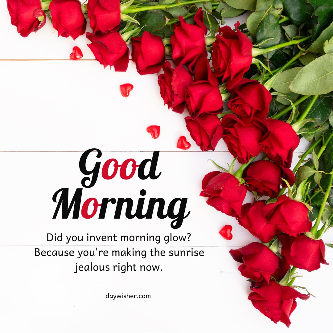 A striking array of fresh red roses scattered across a white background, accompanied by heart-shaped petals and the cheerful text "Good Morning." The playful message, "Did you invent morning glow? Because you're making the sunrise jealous right now," adds a touch of whimsy. Perfect for a post titled "Good Morning Red Rose Images," this image radiates charm and positivity for the start of the day.